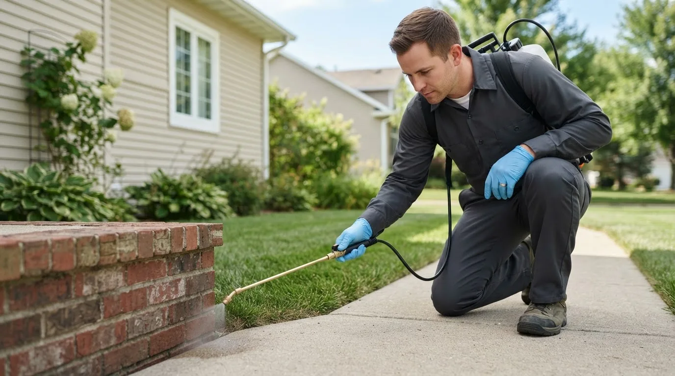 Pest control technician treating a home near Roland, OK