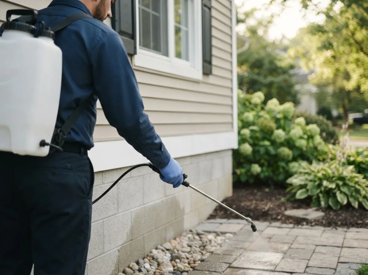Pest control technician inspecting a home in Roland, OK